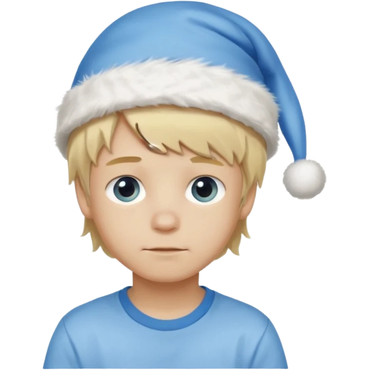 create boy blonde hair long messy, light eyes, white t shirt, rich, long hair, eyes blue, acessory head cristimas blue hat emoji