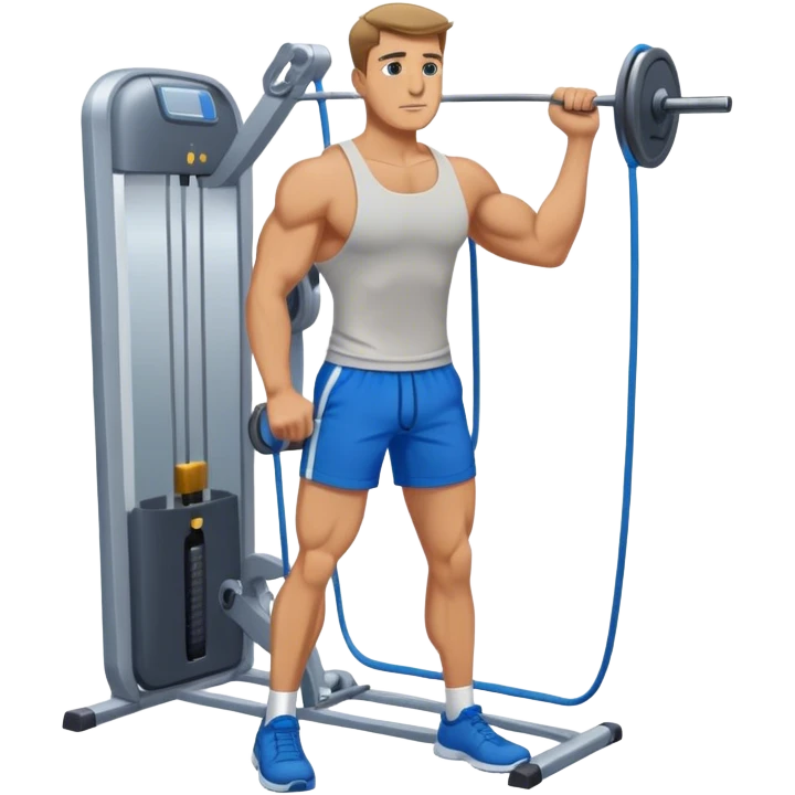 standing fit man with blue shorts cable-machine exercise emoji