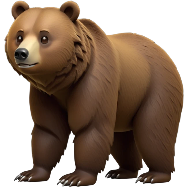 cinematic-[grizzly bear]-realistic-full-body-standing on all fours-emoji,-tail-tucked-close,-head-tilted-dramatically,-thick-[dark brown]-fur,-simplified-yet-realistic-focused-features,-highly-detailed,-glowing-with-an-almost-sarcastic-glow emoji