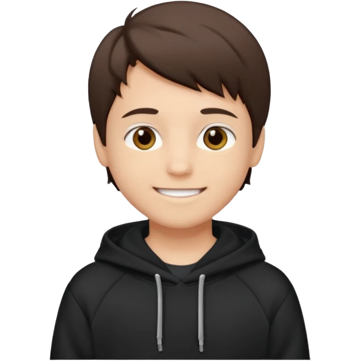 A brunette boy, short straight hair, light brown eyes, with a black sweatshirt with a hoodie, and smile  emoji