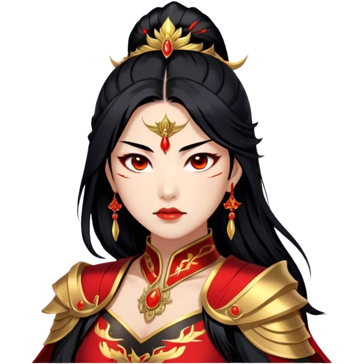 Cinematic Stunning Mulan Portrait Emoji, Fierce yet graceful, flowing raven-black hair, piercing brown eyes filled with determination, adorned in regal red and gold warrior attire, glowing with the strength and beauty of a true heroine, an elegant warrior in her prime! emoji