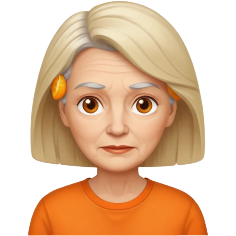 older white woman with orange shirt no smile emoji