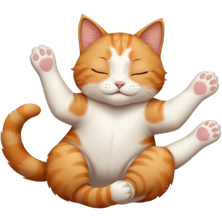 ginger and white small cat eyes closed lying down upside down with paws stretched out straight in different directions emoji