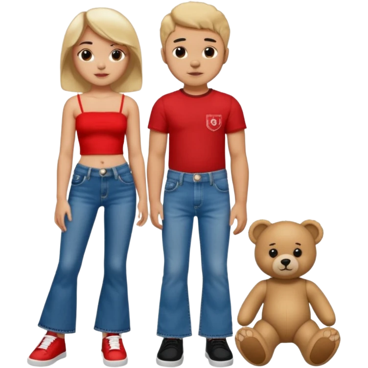 A boy and a girl teddy bear for the boy bear put on true religion shirt and jeans with black shoes and for the girl put flare jeans and a red tube top and white shoes just bears not the humans  emoji
