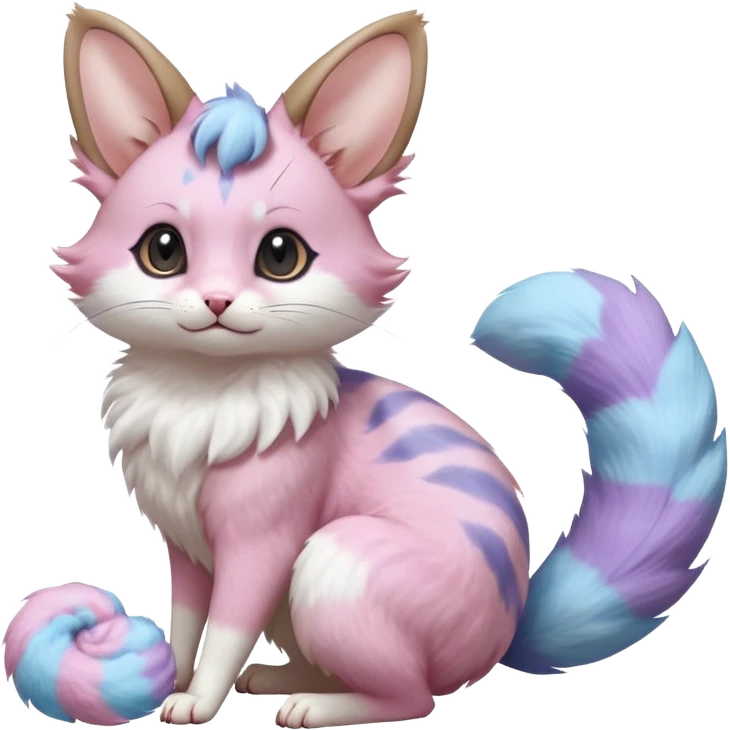 Realistic cute cotton-candy mist pink-blue-lilac fur whipped into cloud-soft spirals beautiful elegant pretty precious cute  Fakémon-Pokémon-opossum-feline-serval-caracal-chinchilla-Furret-Minccino-hybrid-creature with a big fluffy bushy tail (full body) emoji