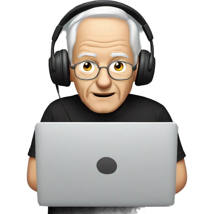 old man in black t-shirt playing on PC with heaset   emoji