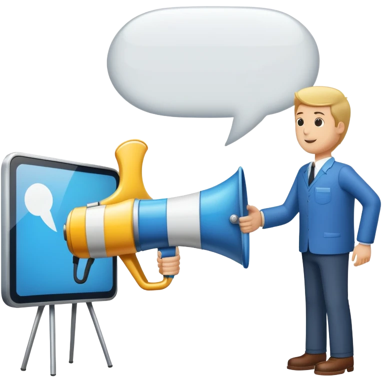 An icon featuring a megaphone, a billboard, and a handshake, symbolizing advertising and public relations. The design includes a speech bubble and media icons, representing communication and brand messaging. Transparent background highlights the influence of PR and marketing strategies. emoji