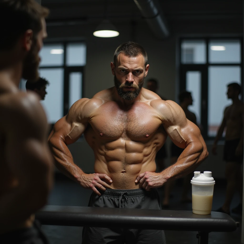 realistic bodybuilder man in extreme definition phase, very lean, dry and less full muscles, visible veins, lean body, in front of mirror, doubtful or frustrated expression, gym background, dim light, protein shaker on bench emoji