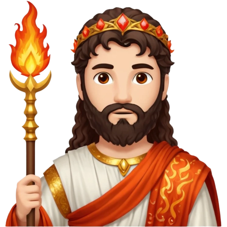 Vulcan, God of Fire from Roman Deities with long dark brown wavy hair and beard, red orange sequin toga  emoji