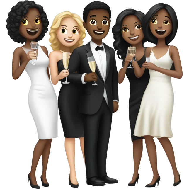 Group of 5 smiling women with black dresses, one boy black suit and a woman with white dress clinking champagne emoji