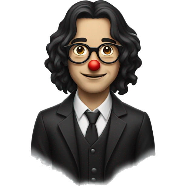 A white boy with black long hair, thin round glasses. He's wearing a clown costume emoji