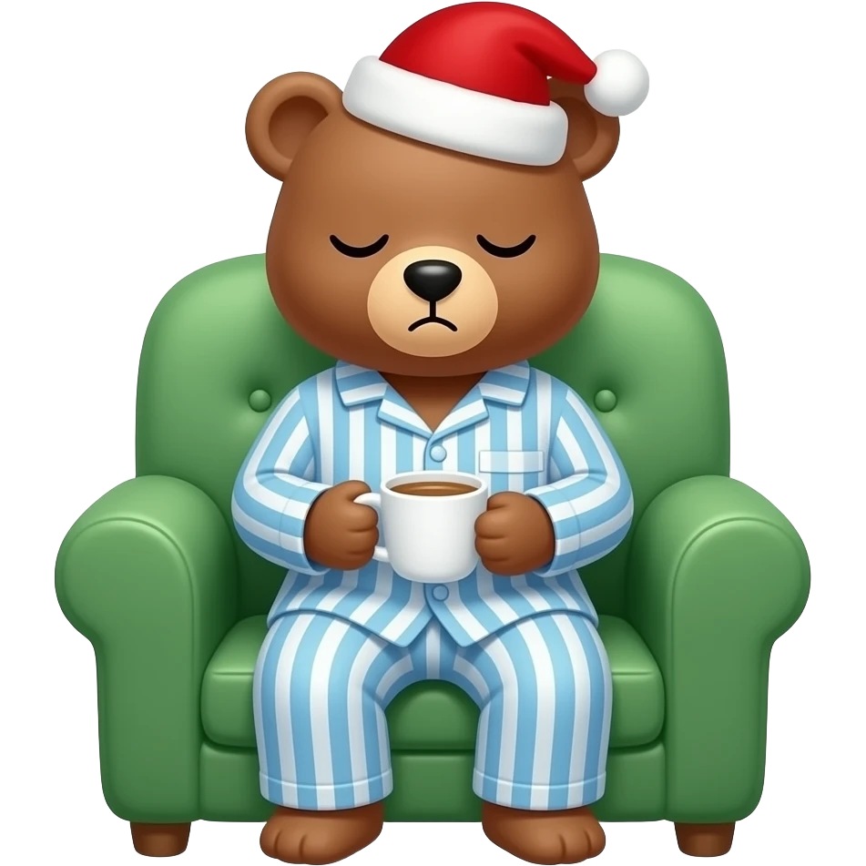 Sleepy bear in green sofa chair holding a cup of hot tea depicted in a long light blue and white striped nightshirt and red nightcap with a red Pom Pom at the end of it emoji