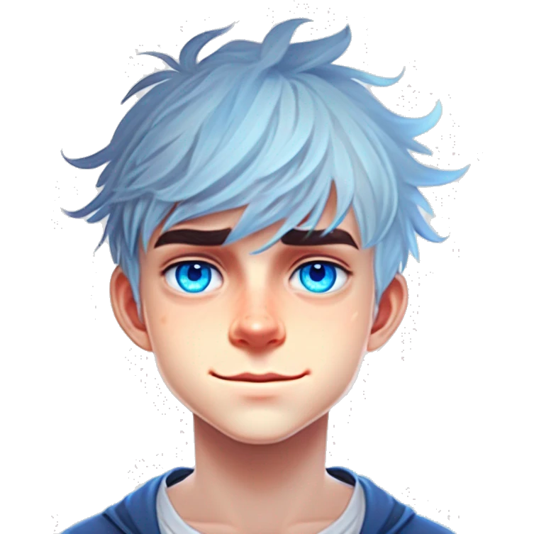 Teenager boy white messy hair, bangs, bright blue eyes  emoji