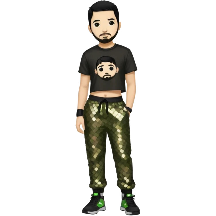 Mike Shinoda with black hair, black sequin crop top, olive sequin baggy pants emoji
