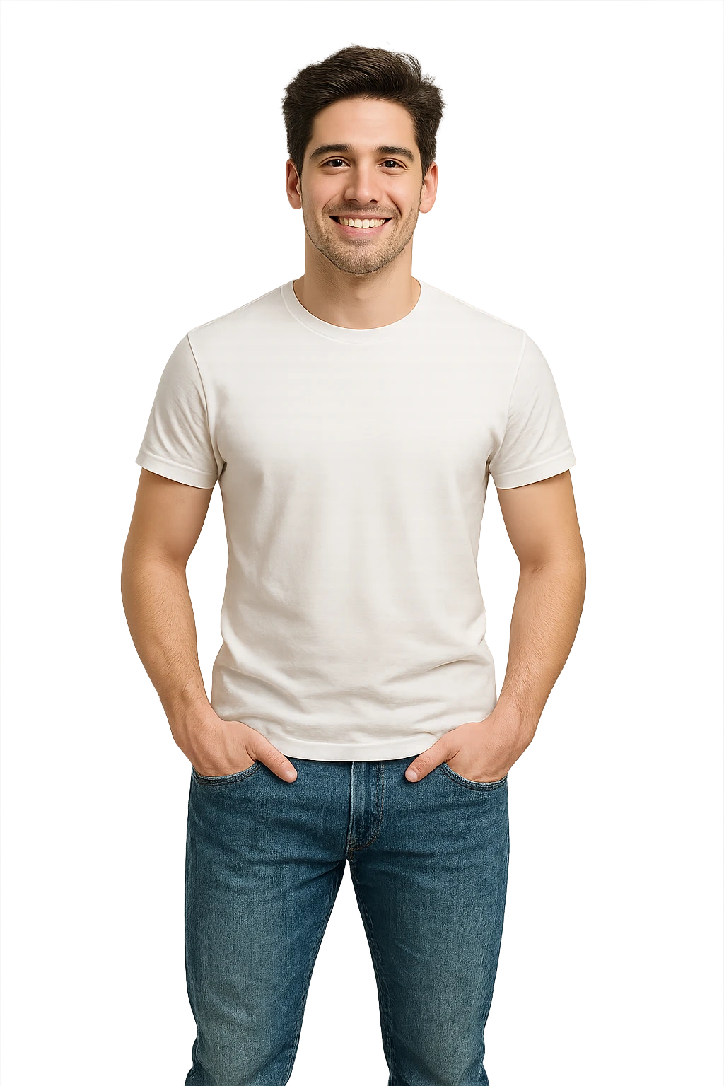 Man 25 years old wearing blue jeans and white t-shirt emoji