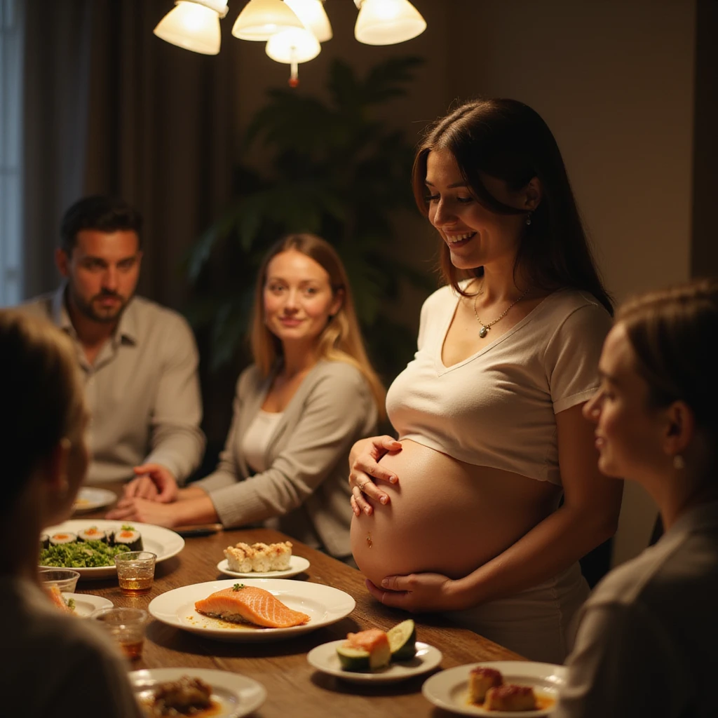 realistic pregnant woman in 4K at a dinner with friends, everyone eating sushi except her, smiling and holding a hand on her belly, plate of salmon left untouched in front of her emoji