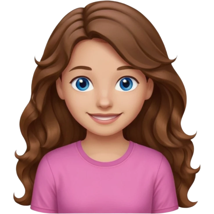Girl wavy long brown hair, blue eyes, medium skin tone, pink shirt emoji
