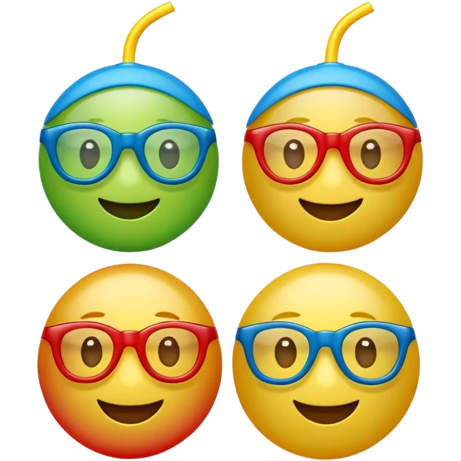 Cute 3D cartoon emoji sticker of a plastic glasses and ball game with three glossy 3 plastic glasses (blue, green, red) and a yellow ball, soft lighting, smooth shadows, playful, white sticker outline, transparent background, high resolution. emoji