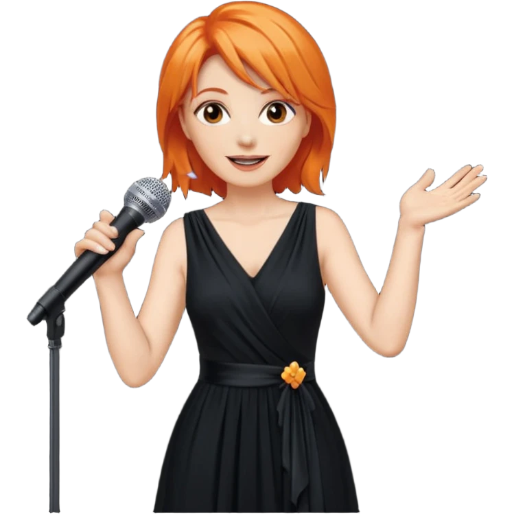 singer, Middle age, orange hair, happy, holding mic, wearing dress emoji
