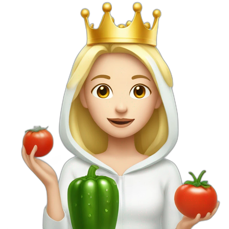 blonde girl  eating  cucumber and tomatoes with white hoodie iridescent and a crown princess emoji