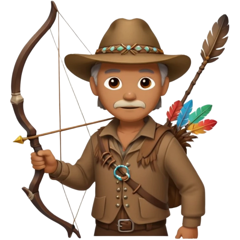 The classic image of a middle-aged uncle hunter carrying a bow, dressed in brown clothes, with some ornaments made of feathers, bones or teeth on his body. emoji