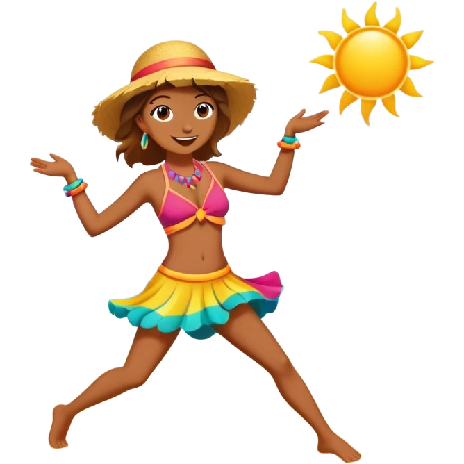 Colorful beach character dancing on sand with sun and ocean, highlighted emoji