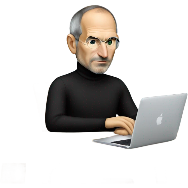 Steve Jobs wearing a black turtleneck using a MacBook emoji