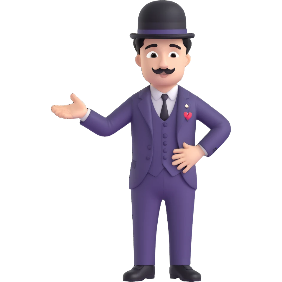 Charlie Chaplin, facing front, right arm extended 45 degrees up, hand straight, palm facing down, manji symbol badge on his left arm emoji