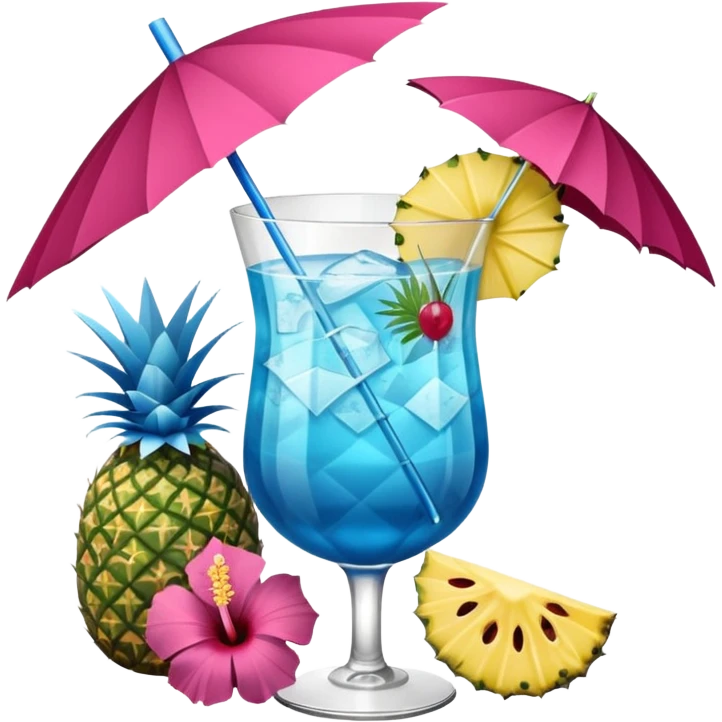 vibrant tropical fruity blue cocktail with hibiscus, pineapple slice, and paper umbrella garnish emoji