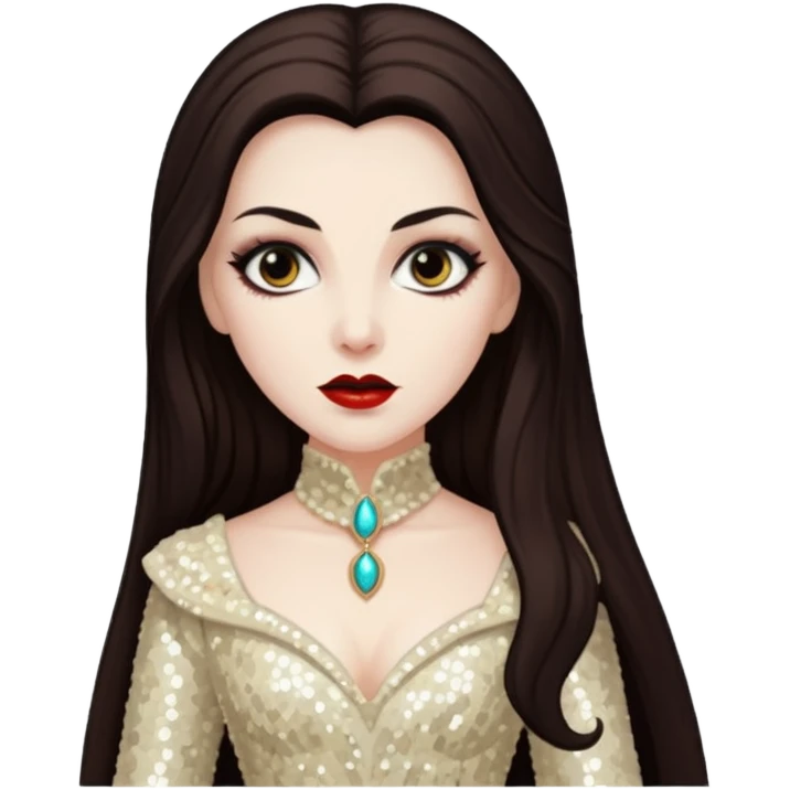 Countess Dracula with long dark brown hair, cream sequin outfit  emoji