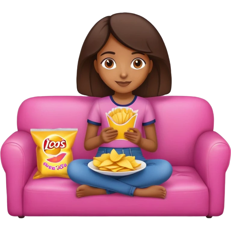 home brown girl with plate of chips, sitting at the pink sofa emoji