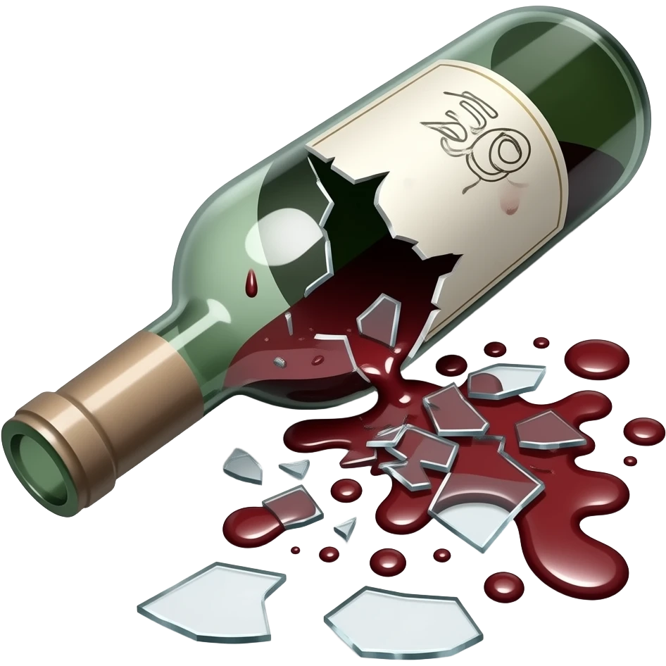 A broken wine bottle on the floor, shattered with sharp glass pieces scattered around. Red wine spilled across the surface, forming dark liquid puddles and splashes. The label is partially visible, torn and wet. Soft dramatic lighting, no people, clean indoor floor, realistic and detailed. emoji