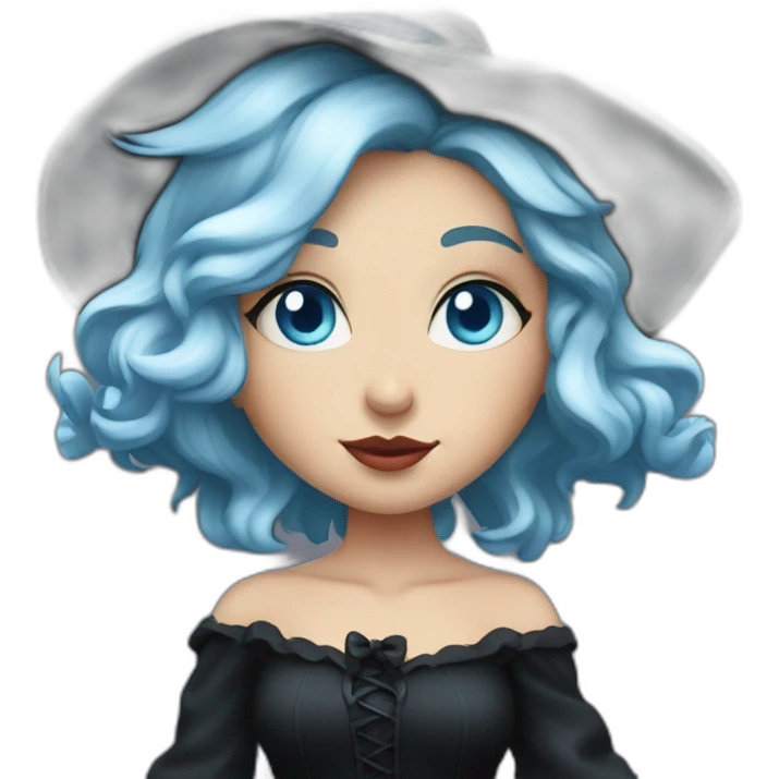 Blue-haired blue-eyed witch in black full skirt full length emoji