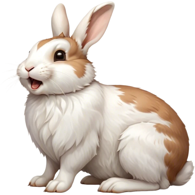 Cinematic Cute Yawning White and Brown Rabbit Portrait Emoji, Head tilted slightly with a dramatic, wide-open yawn, showcasing a soft, patterned fur with crisp white and warm brown patches, floppy ears slightly drooping, round eyes barely open in drowsy contentment, Simplified yet irresistibly adorable features, highly detailed, glowing with a soft, cozy glow, high shine, relaxed yet expressive, stylized with a touch of whimsy, bright and endearing, soft glowing outline, capturing the essence of a sleepy yet affectionate bunny, so drowsy it feels like it could stretch out of the screen and curl up for a nap! emoji