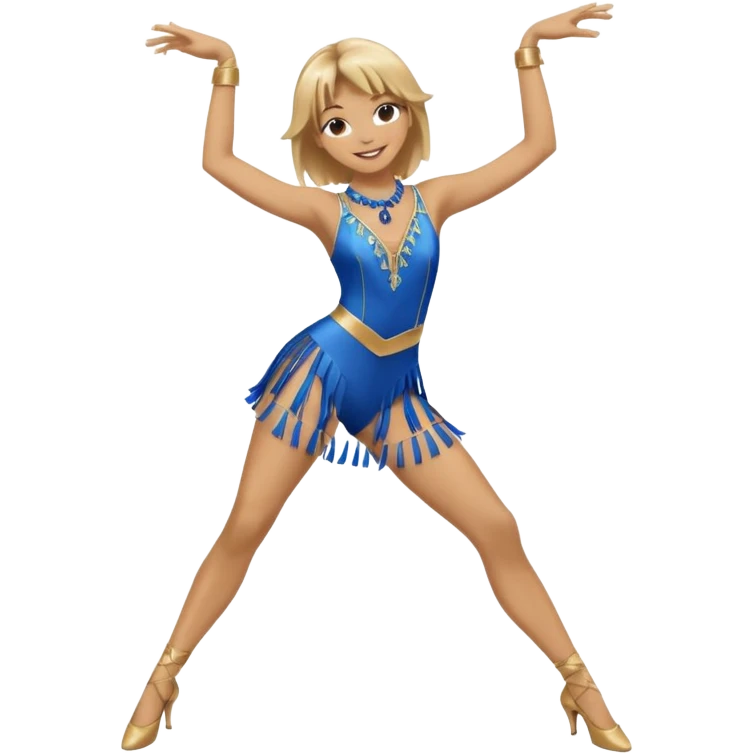 blue jazz style dance costume with tassels on dirty blonde full body emoji