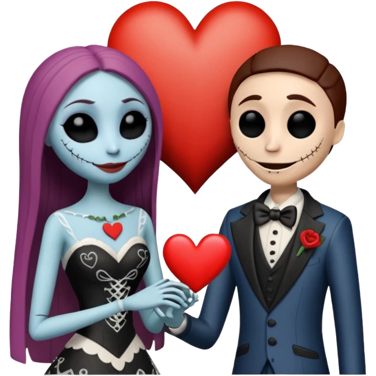 Jack and Sally from nightmare before Christmas getting married with a heart around them emoji