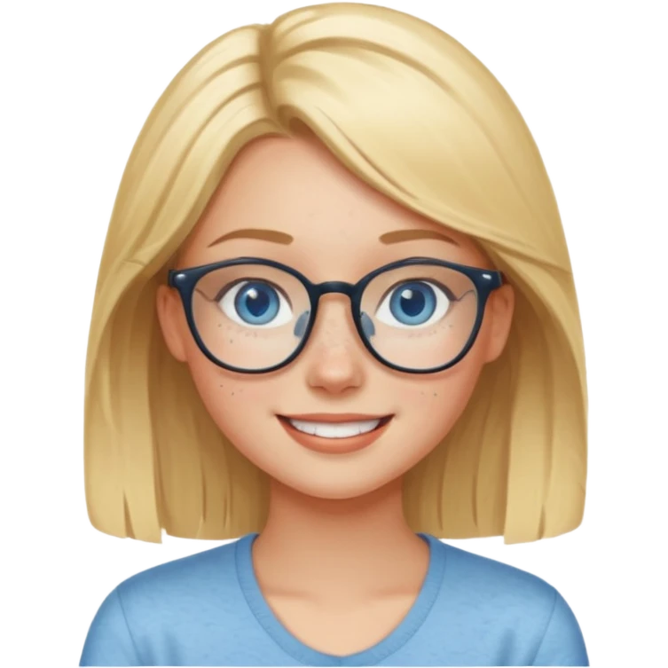 Blonde girl with blue eyes and fair skin and freckles in glasses smiling  emoji