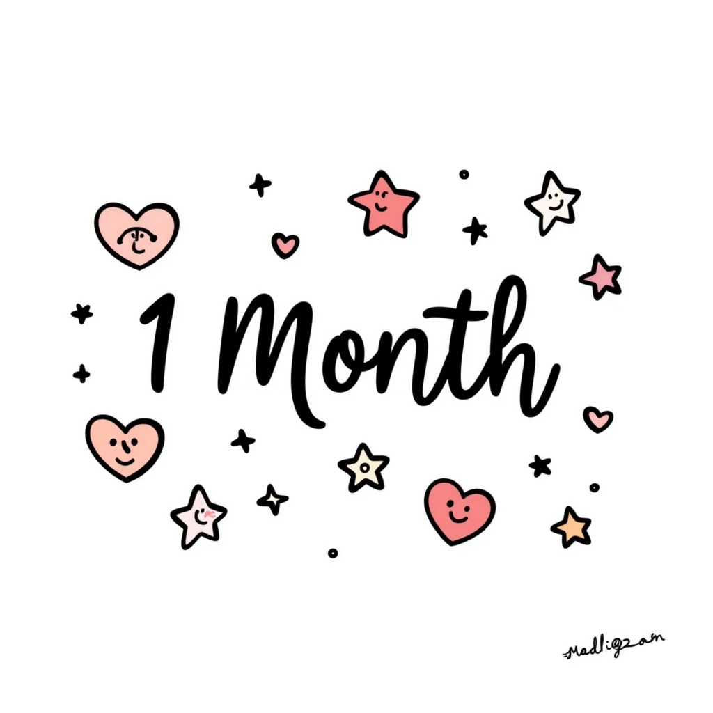 A cute pastel celebration design with sparkles and hearts, featuring "1 Month" in elegant handwriting, surrounded by friendship symbols like stars, pinky promise hands, smiling faces, and flowers. Warm and magical like a scrapbook memory collage for celebrating friendship. emoji