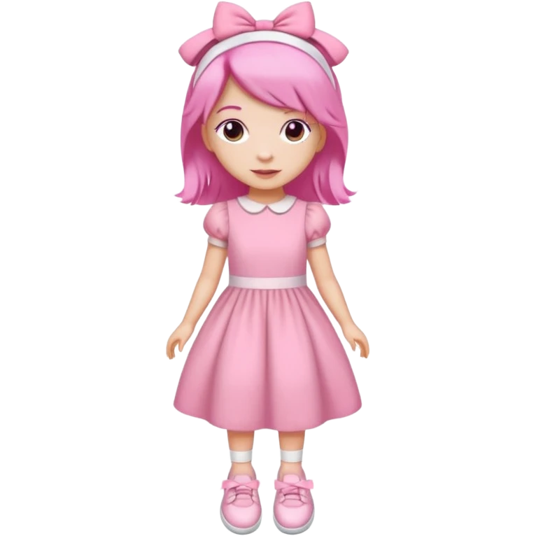 A girl wear a a pink pink dress and pink wacth and a pink hairband and a white shoes emoji