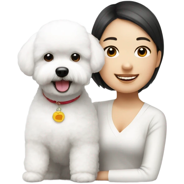 A cute and happy bichon frise with an Asian woman  emoji