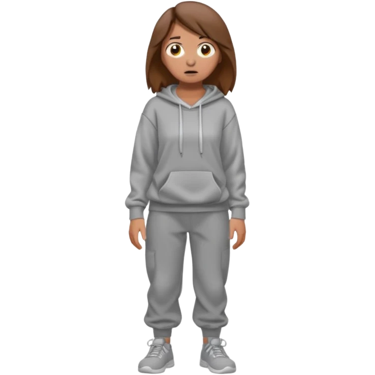 Chica grande  asustada de cuerpo completo mirado a la izquierda con pelo castaño pantalones baggy  grises y hoodie gris  emoji