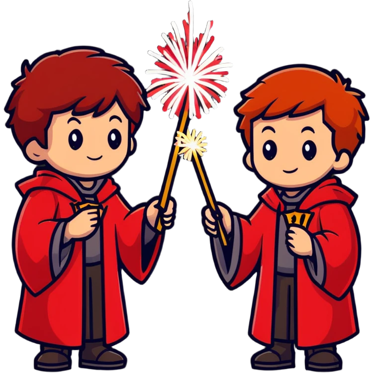 Fred and George Weasley with matching red hair and Gryffindor wizard robes, holding fireworks emoji
