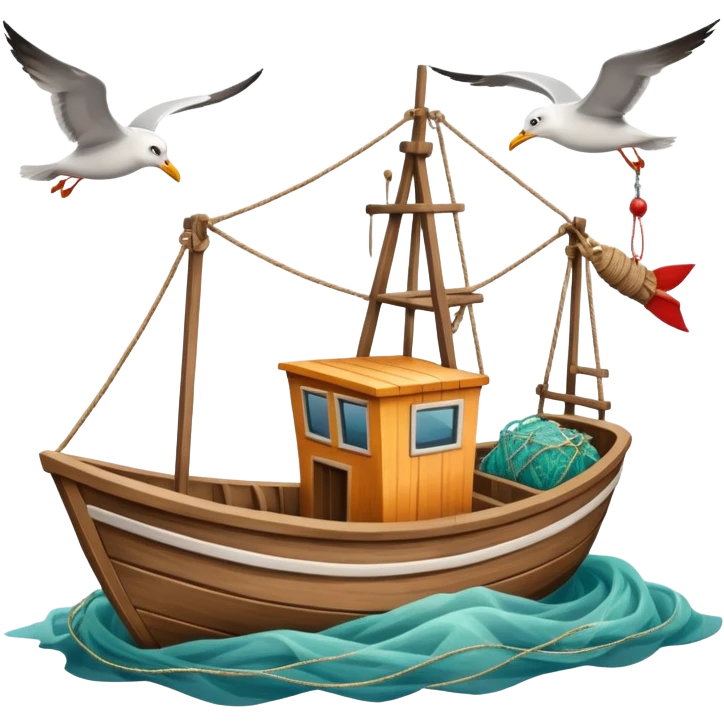 Design a small fishing boat with nets & seagulls around it. emoji