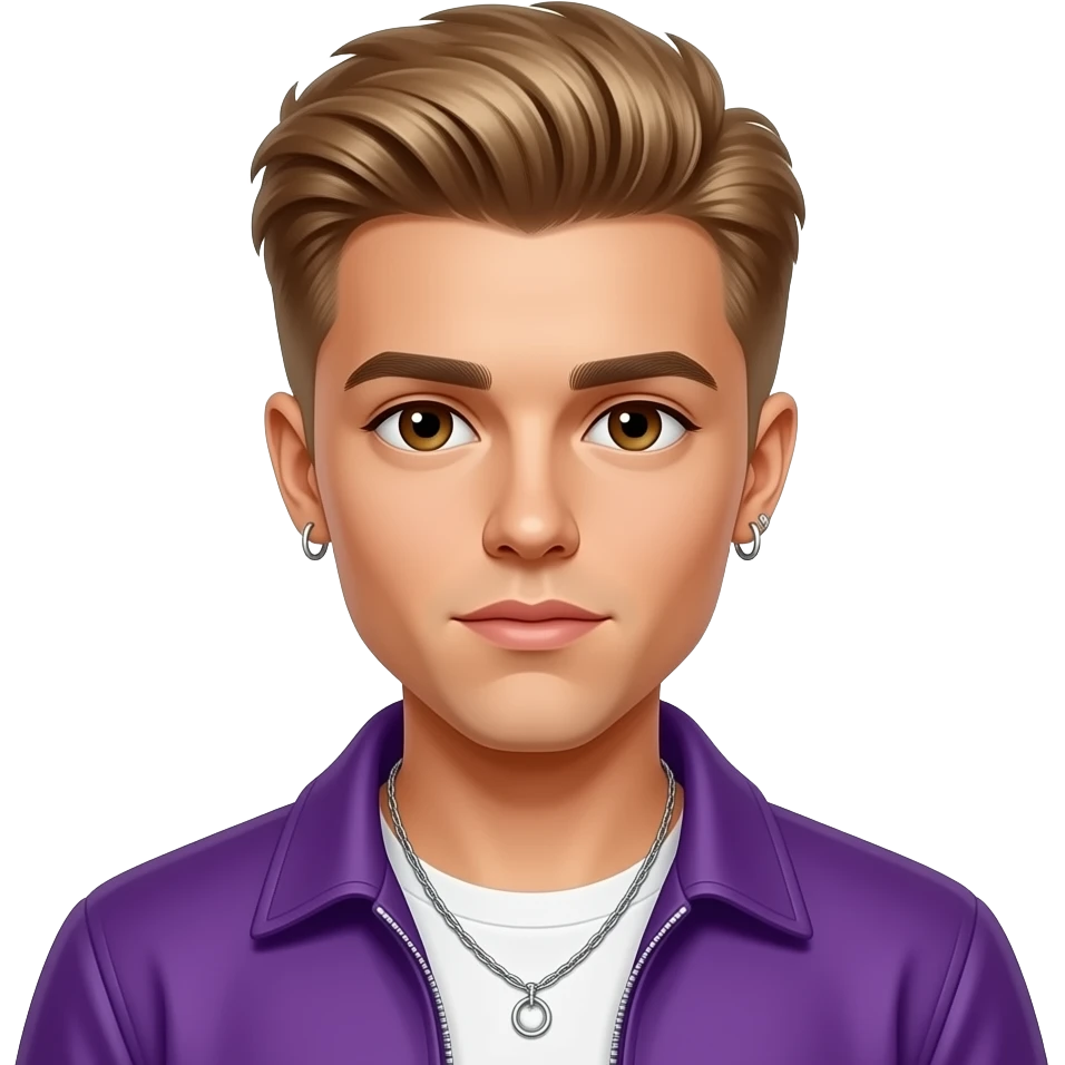 Justin Bieber with brown eyes, light brown hair, purple pop idol outfit, necklace and earrings emoji