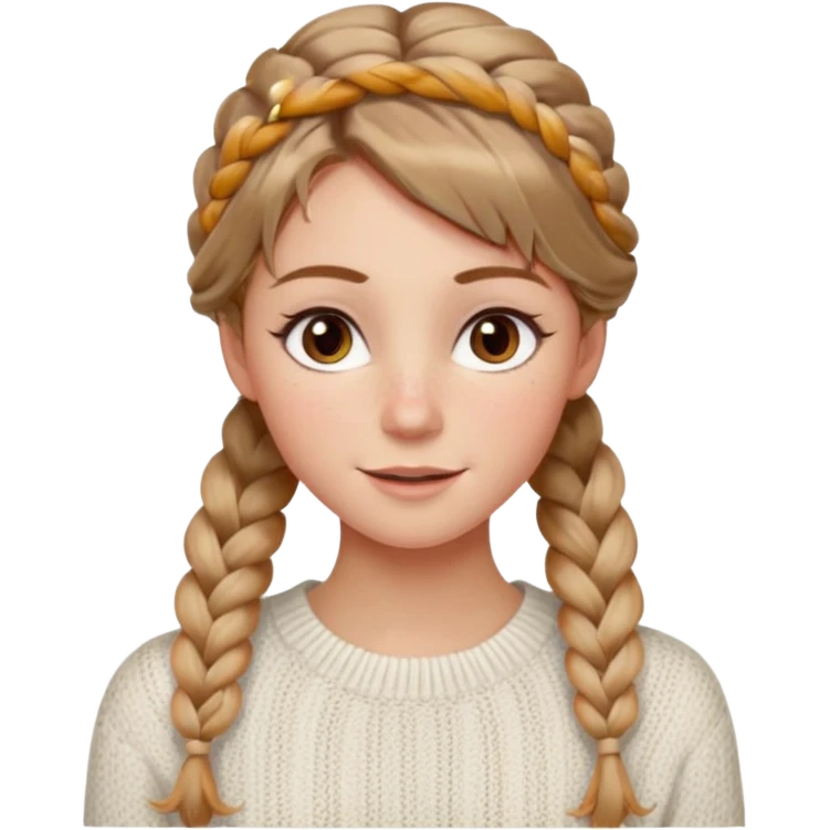 light brown hair blonde hair hazel eyes woman with a white cable knit sweater thatand one braid down her back  with tendrils of hair flowing down her face and she is happy pale, some freckles, blush. she has a cateye wing and long lashes emoji