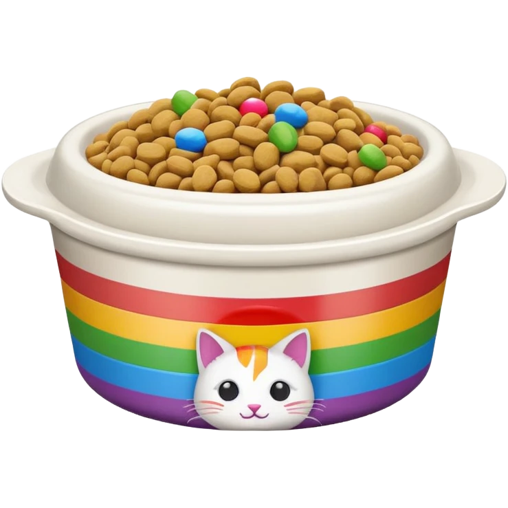 cat food bowl filled to the brim with food stacked above the rim, white kibble with rainbow accents, apple emoji style emoji