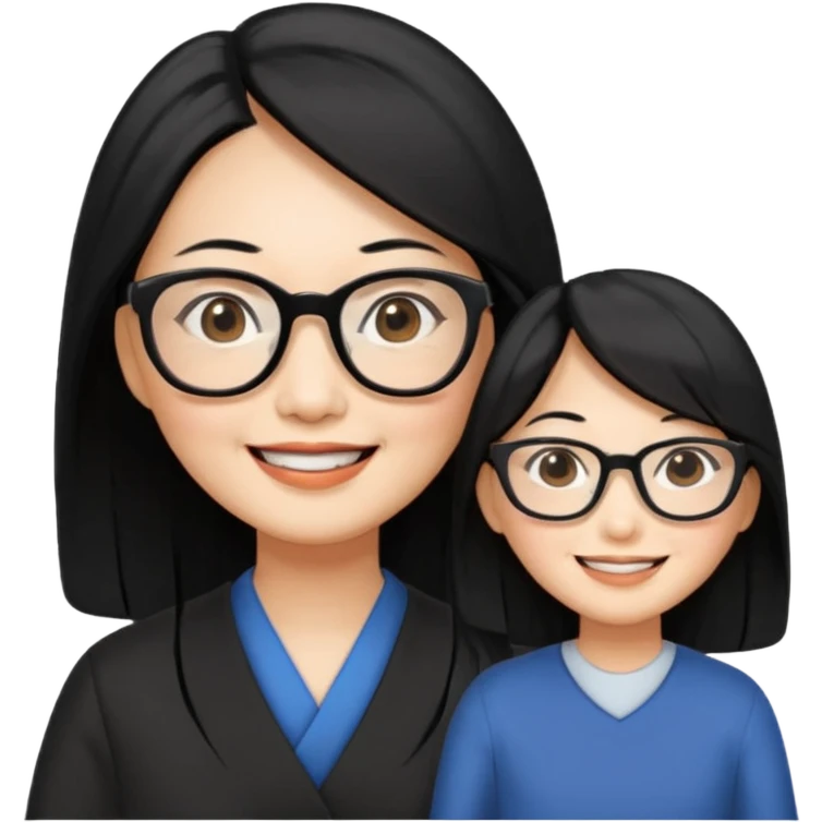 50 yr old asian woman, long straight black hair, side part, big glasses emoji