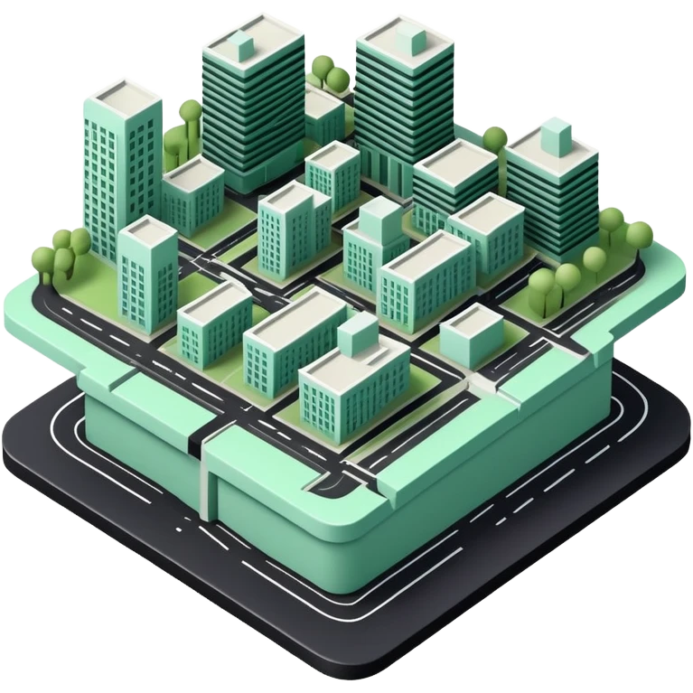 Urbanisme & Aménagement (Urban Planning), 3D technical icon with black and mint green (#B5F4D3), detailed zoning plan with cross-sections and regulatory boundaries emoji