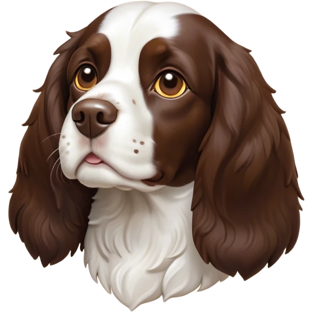 Cinematic Noble Springer Spaniel Portrait Emoji, Poised and regal, with a medium build and a glossy, well-groomed Fur of rich liver and white, deep-set soulful brown eyes, Simplified yet sharp and sophisticated features, highly detailed, glowing with a soft, dignified glow, high shine, intelligent and alert, stylized with an air of grace, focused and attentive, soft glowing outline, capturing the essence of a watchful and confident companion, so majestic it feels as though it could bound out of the screen with effortless authority! emoji