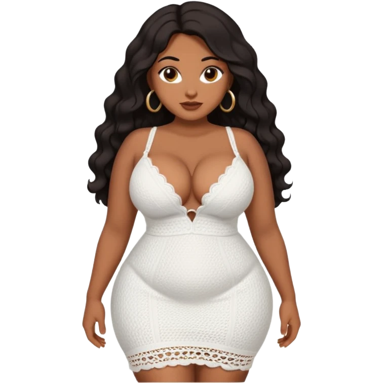 Curvy woman with brown skin with long wavy black hair, brown eyes. Massive boobs, She's wearing a white crotchet dress showing cleavage  emoji
